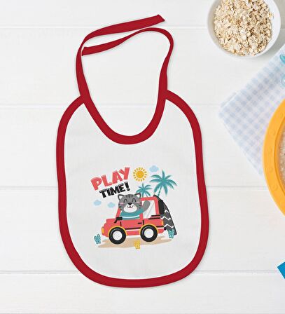 BK Kids Play Time Tasarımlı Kırmızı Bebek Body Zıbın ve Mama Önlüğü Hediye Seti-1