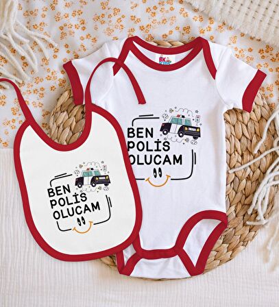 BK Kids Polis Olucam Tasarımlı Kırmızı Bebek Body Zıbın ve Mama Önlüğü Hediye Seti-1