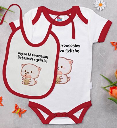 BK Kids Prensesim Üstesinden Gelirim Tasarımlı Kırmızı Bebek Body Zıbın ve Mama Önlüğü Hediye Seti-1