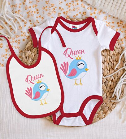 BK Kids Queen Tasarımlı Kırmızı Bebek Body Zıbın ve Mama Önlüğü Hediye Seti-1