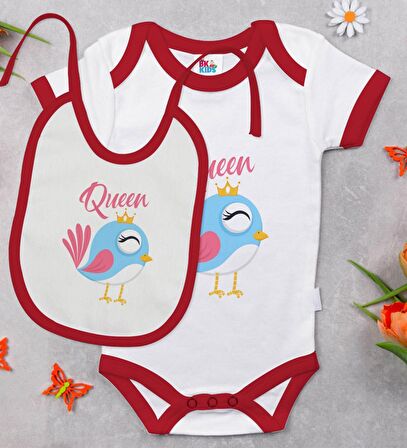 BK Kids Queen Tasarımlı Kırmızı Bebek Body Zıbın ve Mama Önlüğü Hediye Seti-1