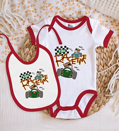 BK Kids Race Time Tasarımlı Kırmızı Bebek Body Zıbın ve Mama Önlüğü Hediye Seti-1