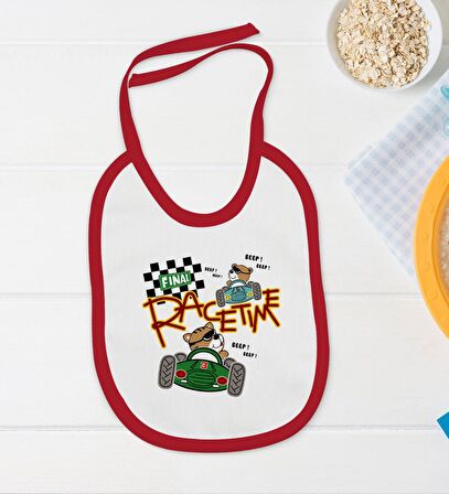 BK Kids Race Time Tasarımlı Kırmızı Bebek Body Zıbın ve Mama Önlüğü Hediye Seti-1