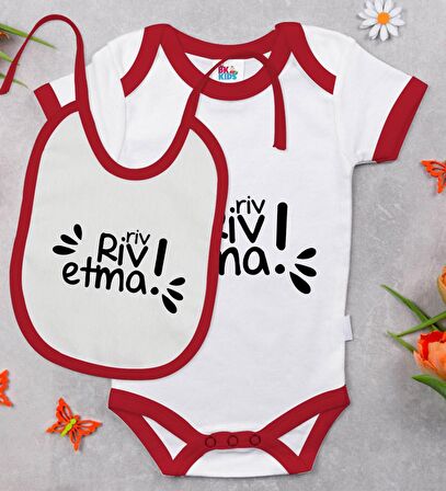 BK Kids Riv Riv Etma Tasarımlı Kırmızı Bebek Body Zıbın ve Mama Önlüğü Hediye Seti-1