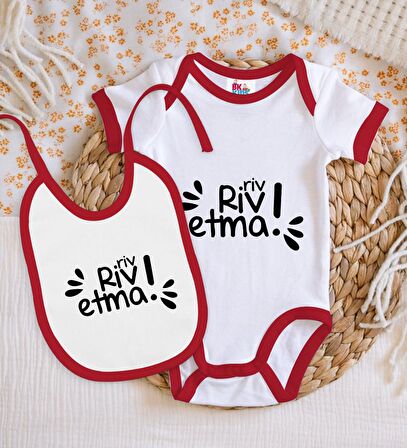 BK Kids Riv Riv Etma Tasarımlı Kırmızı Bebek Body Zıbın ve Mama Önlüğü Hediye Seti-1