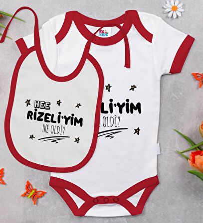BK Kids Rizeliyim Ne Oldi Tasarımlı Kırmızı Bebek Body Zıbın ve Mama Önlüğü Hediye Seti-1