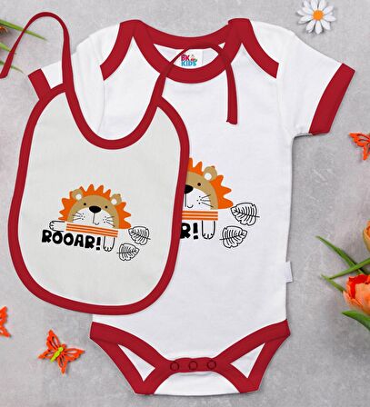 BK Kids Roar Tasarımlı Kırmızı Bebek Body Zıbın ve Mama Önlüğü Hediye Seti-1