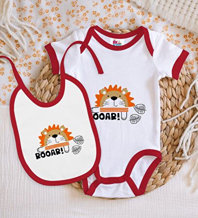 BK Kids Roar Tasarımlı Kırmızı Bebek Body Zıbın ve Mama Önlüğü Hediye Seti-1