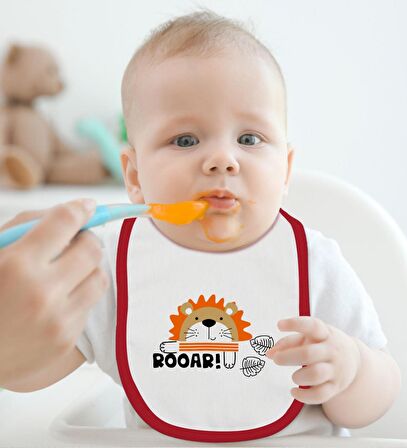 BK Kids Roar Tasarımlı Kırmızı Bebek Body Zıbın ve Mama Önlüğü Hediye Seti-1