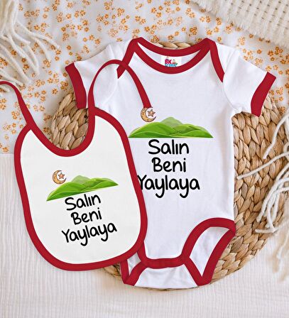 BK Kids Salın Beni Yaylaya Tasarımlı Kırmızı Bebek Body Zıbın ve Mama Önlüğü Hediye Seti-1