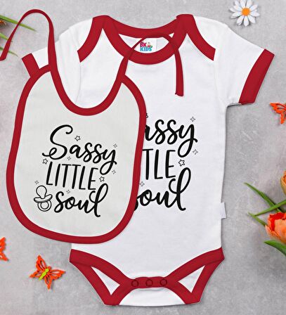 BK Kids Sassy Little Soul Tasarımlı Kırmızı Bebek Body Zıbın ve Mama Önlüğü Hediye Seti-1