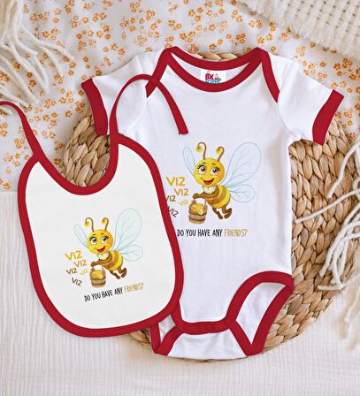 BK Kids Sevimli Arı Tasarımlı Kırmızı Bebek Body Zıbın ve Mama Önlüğü Hediye Seti-1