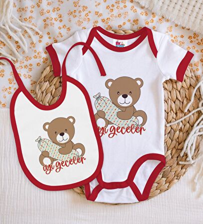 BK Kids Sevimli Ayı Tasarımlı Kırmızı Bebek Body Zıbın ve Mama Önlüğü Hediye Seti-1