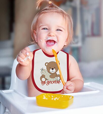 BK Kids Sevimli Ayı Tasarımlı Kırmızı Bebek Body Zıbın ve Mama Önlüğü Hediye Seti-1