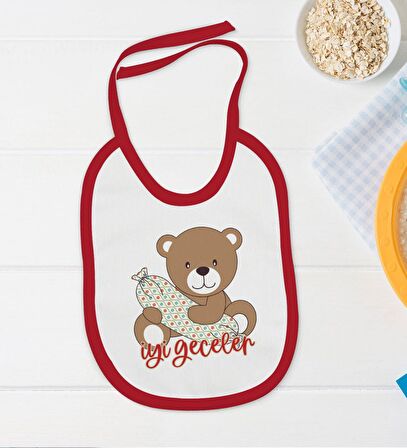 BK Kids Sevimli Ayı Tasarımlı Kırmızı Bebek Body Zıbın ve Mama Önlüğü Hediye Seti-1