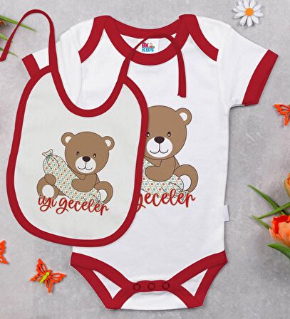 BK Kids Sevimli Ayı Tasarımlı Kırmızı Bebek Body Zıbın ve Mama Önlüğü Hediye Seti-1