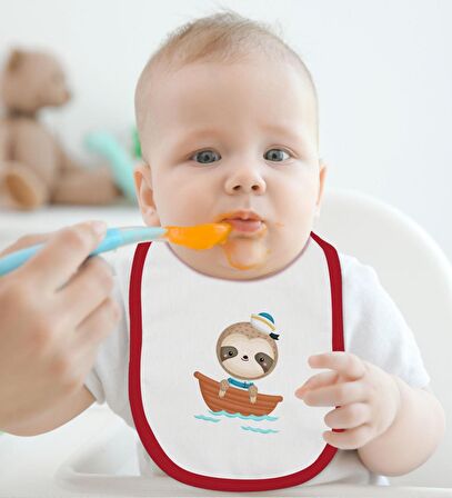 BK Kids Sevimli Denizci Tasarımlı Kırmızı Bebek Body Zıbın ve Mama Önlüğü Hediye Seti-1