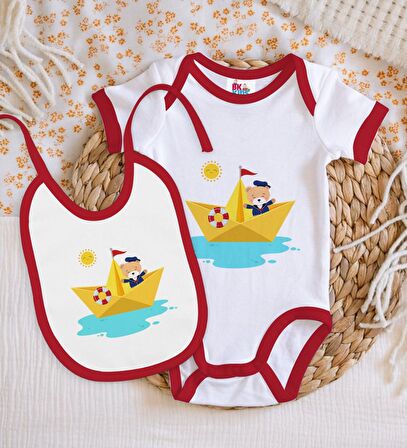 BK Kids Sevimli Kaptan Tasarımlı Kırmızı Bebek Body Zıbın ve Mama Önlüğü Hediye Seti-1