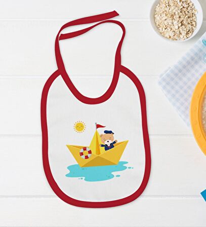 BK Kids Sevimli Kaptan Tasarımlı Kırmızı Bebek Body Zıbın ve Mama Önlüğü Hediye Seti-1