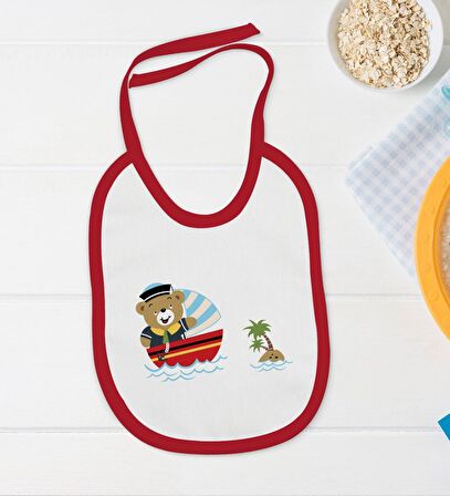BK Kids Sevimli Kaptan Tasarımlı Kırmızı Bebek Body Zıbın ve Mama Önlüğü Hediye Seti-2