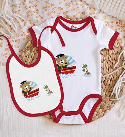 BK Kids Sevimli Kaptan Tasarımlı Kırmızı Bebek Body Zıbın ve Mama Önlüğü Hediye Seti-2
