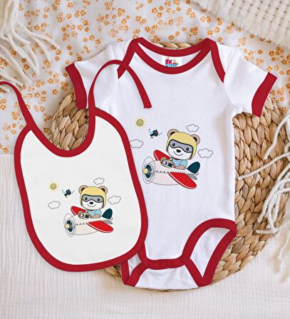 BK Kids Sevimli Pilot Tasarımlı Kırmızı Bebek Body Zıbın ve Mama Önlüğü Hediye Seti-1