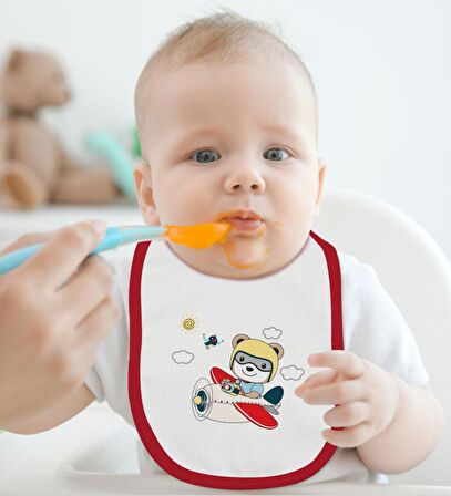 BK Kids Sevimli Pilot Tasarımlı Kırmızı Bebek Body Zıbın ve Mama Önlüğü Hediye Seti-1