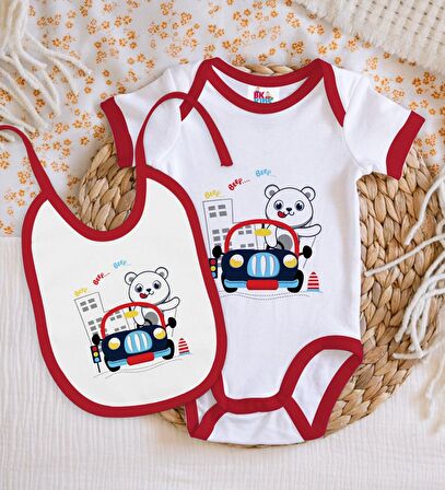 BK Kids Sevimli Sürücü Tasarımlı Kırmızı Bebek Body Zıbın ve Mama Önlüğü Hediye Seti-1