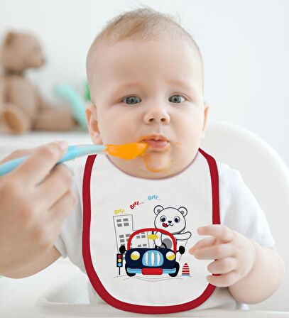 BK Kids Sevimli Sürücü Tasarımlı Kırmızı Bebek Body Zıbın ve Mama Önlüğü Hediye Seti-1