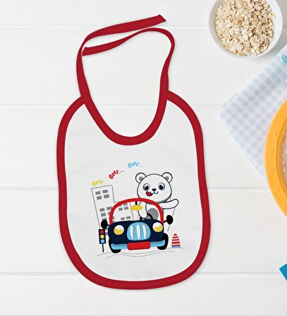 BK Kids Sevimli Sürücü Tasarımlı Kırmızı Bebek Body Zıbın ve Mama Önlüğü Hediye Seti-1