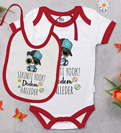 BK Kids Sıkıntı Yok Dedem Halleder Tasarımlı Kırmızı Bebek Body Zıbın ve Mama Önlüğü Hediye Seti-1