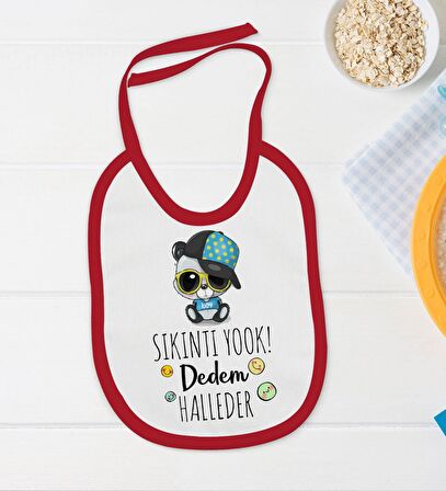 BK Kids Sıkıntı Yok Dedem Halleder Tasarımlı Kırmızı Bebek Body Zıbın ve Mama Önlüğü Hediye Seti-1