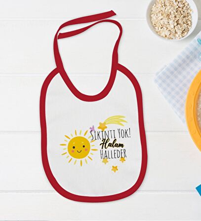 BK Kids Sıkıntı Yok Halam Halleder Tasarımlı Kırmızı Bebek Body Zıbın ve Mama Önlüğü Hediye Seti-1