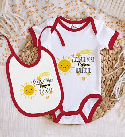 BK Kids Sıkıntı Yok Teyzem Halleder Tasarımlı Kırmızı Bebek Body Zıbın ve Mama Önlüğü Hediye Seti-1
