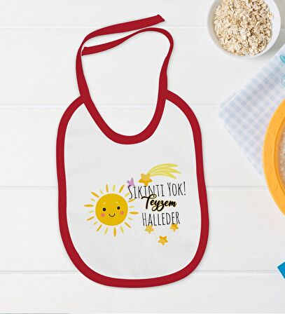 BK Kids Sıkıntı Yok Teyzem Halleder Tasarımlı Kırmızı Bebek Body Zıbın ve Mama Önlüğü Hediye Seti-1