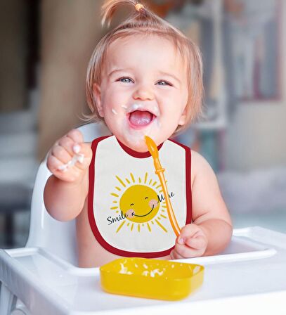 BK Kids Smile More Tasarımlı Kırmızı Bebek Body Zıbın ve Mama Önlüğü Hediye Seti-1