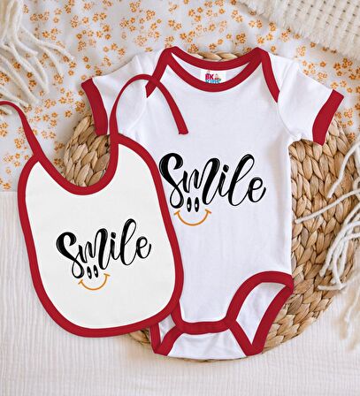 BK Kids Smile Tasarımlı Kırmızı Bebek Body Zıbın ve Mama Önlüğü Hediye Seti-2