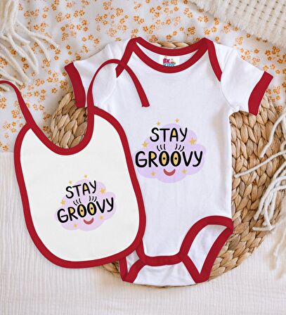 BK Kids Stay Groovy Tasarımlı Kırmızı Bebek Body Zıbın ve Mama Önlüğü Hediye Seti-1