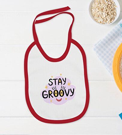 BK Kids Stay Groovy Tasarımlı Kırmızı Bebek Body Zıbın ve Mama Önlüğü Hediye Seti-1