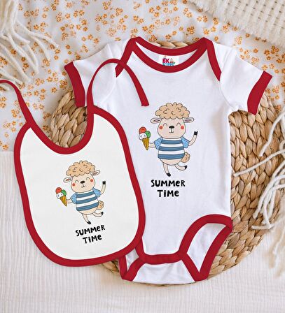 BK Kids Summer Time Tasarımlı Kırmızı Bebek Body Zıbın ve Mama Önlüğü Hediye Seti-1