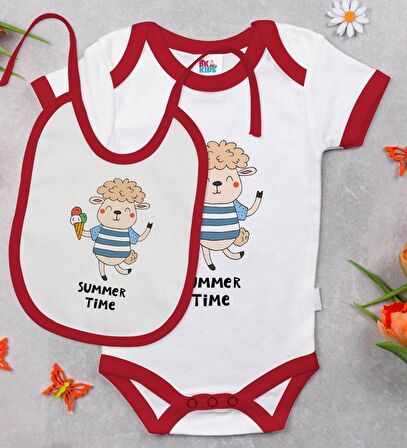 BK Kids Summer Time Tasarımlı Kırmızı Bebek Body Zıbın ve Mama Önlüğü Hediye Seti-1