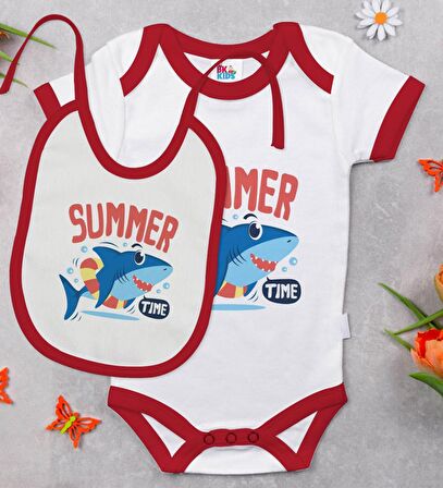 BK Kids Summer Time Tasarımlı Kırmızı Bebek Body Zıbın ve Mama Önlüğü Hediye Seti-2