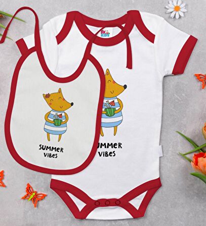 BK Kids Summer Vibes Tasarımlı Kırmızı Bebek Body Zıbın ve Mama Önlüğü Hediye Seti-1