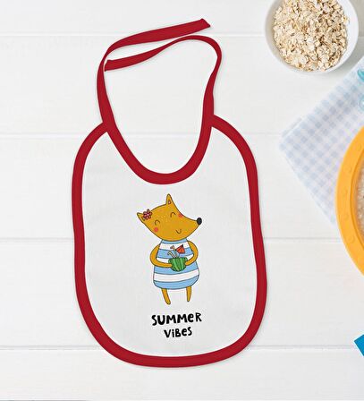 BK Kids Summer Vibes Tasarımlı Kırmızı Bebek Body Zıbın ve Mama Önlüğü Hediye Seti-2