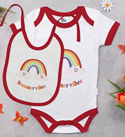 BK Kids Summer Vibes Tasarımlı Kırmızı Bebek Body Zıbın ve Mama Önlüğü Hediye Seti-2