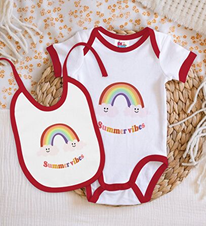 BK Kids Summer Vibes Tasarımlı Kırmızı Bebek Body Zıbın ve Mama Önlüğü Hediye Seti-2