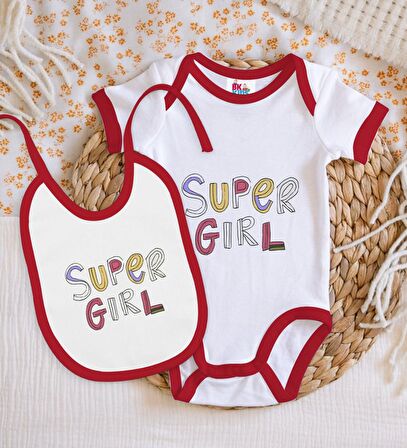 BK Kids Super Girl Tasarımlı Kırmızı Bebek Body Zıbın ve Mama Önlüğü Hediye Seti-1