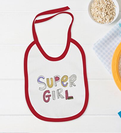 BK Kids Super Girl Tasarımlı Kırmızı Bebek Body Zıbın ve Mama Önlüğü Hediye Seti-1
