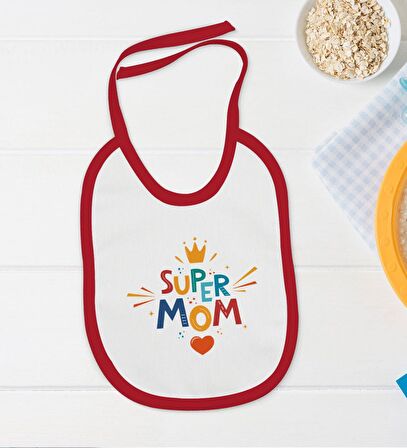 BK Kids Super Mom Tasarımlı Kırmızı Bebek Body Zıbın ve Mama Önlüğü Hediye Seti-1