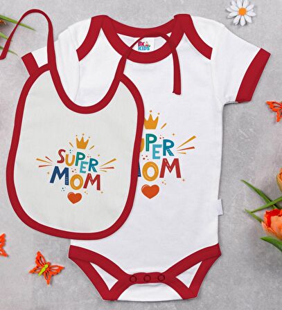 BK Kids Super Mom Tasarımlı Kırmızı Bebek Body Zıbın ve Mama Önlüğü Hediye Seti-1